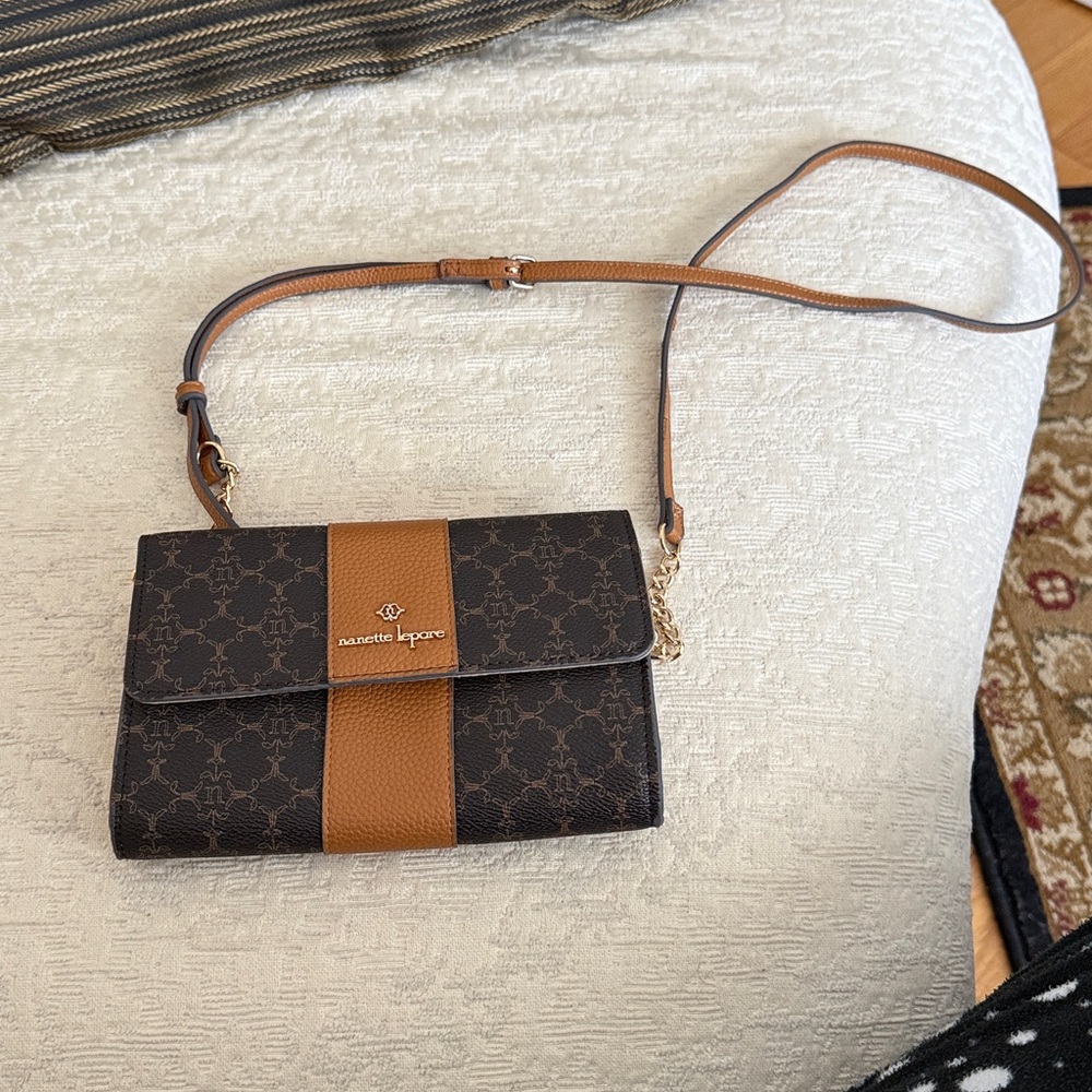 Nanette Lepore Dark Brown and Light Brown Crossbody Doreen logo print bag purse